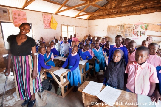 Many disabled children sadly do not go to school but where they do and from what we were able to see, they often benefit from inclusive education. One class was particularly aware, benefitting as they do from a teacher who also has a disability. A teacher who has a physical disability and uses crutches smile at us while standing at the front of her classroom as all the children stand quietly behind her at their desks