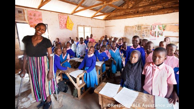 Many disabled children sadly do not go to school but where they do and from what we were able to see, they often benefit from inclusive education. One class was particularly aware, benefitting as they do from a teacher who also has a disability. A teacher who has a physical disability and uses crutches smile at us while standing at the front of her classroom as all the children stand quietly behind her at their desks