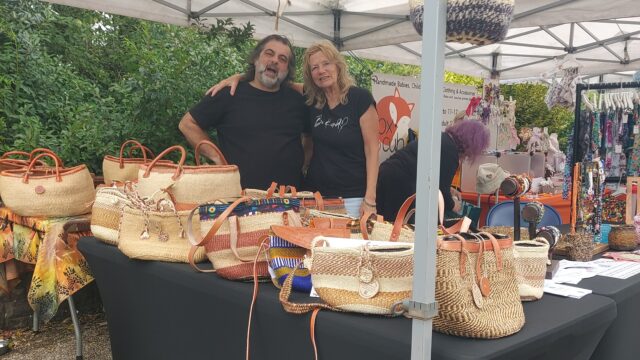Massimo Salvato and Gabi Palmer on the ResponsABLE assistance's Fursafreetrade stall at the Craft and Food market in Belle Vue Park Newport last Sunday.